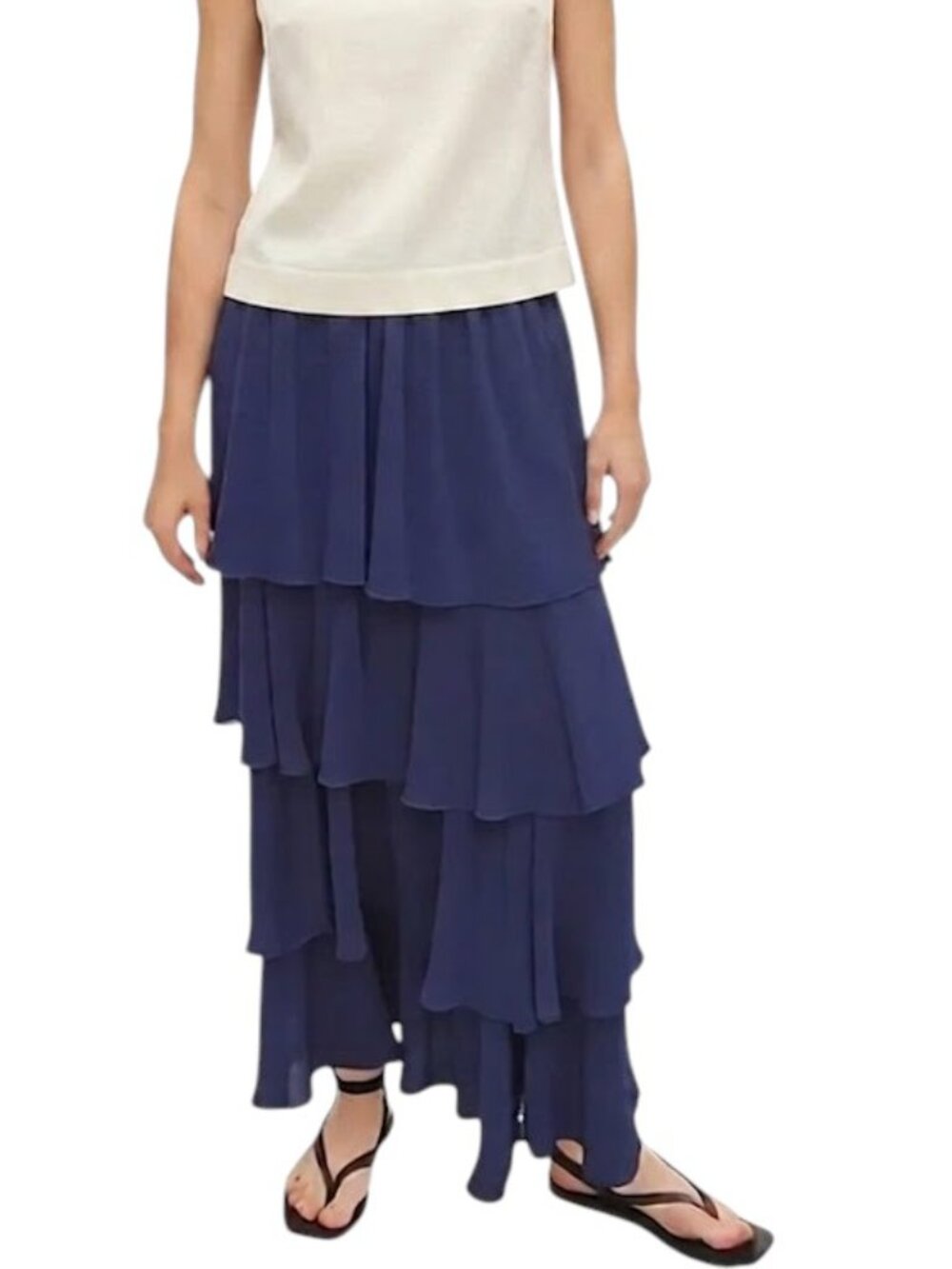 Korean Chiffon Feel Long Maxi Length Full Formal Tiered Pull On Fancy Navy Skirt